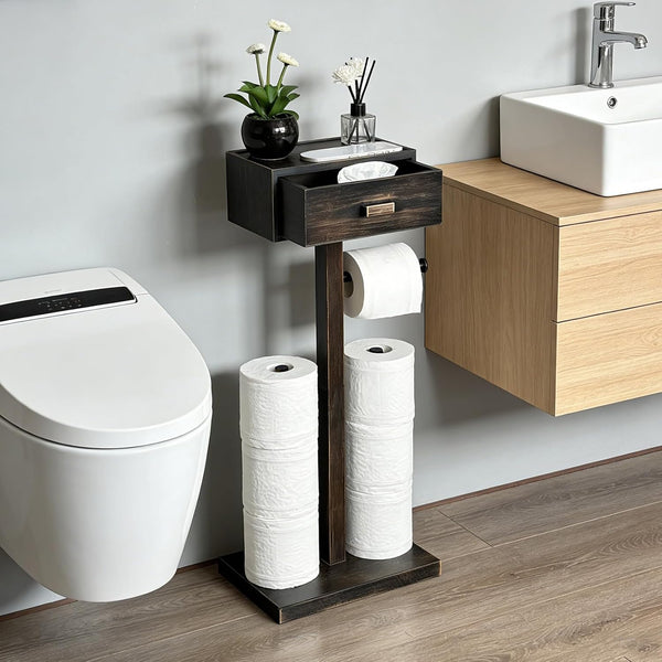 TEGUEPS Freestanding Bathroom Toilet Paper Holder Stand with Shelf, Bamboo Toilet Paper Roll