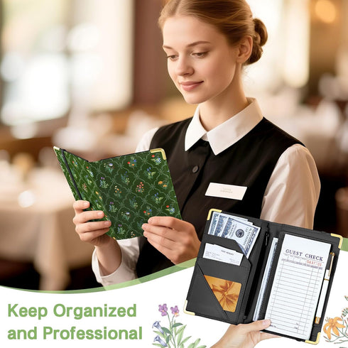 Server Book, Faux Leather Server Books for Waitress, Cute Servers Book with Zipper Pocket & Pen Holder, Serving Books