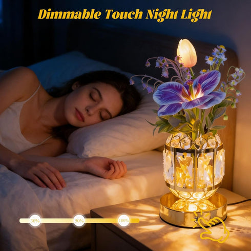 BVI BOOMERVIVI 3-Color Dimmable Flower Crystal Table Lamp, Small Night Light, Rechargeable Cordless Touch Lamp