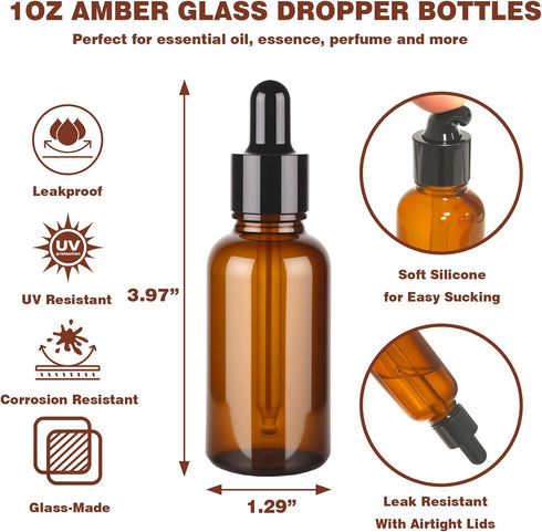 KOUWICH 60 Pack 1oz 30ml Dropper Bottle Amber Glass Dropper Leakproof with Funnels, Eye Droppers,Labels - Refillable UV