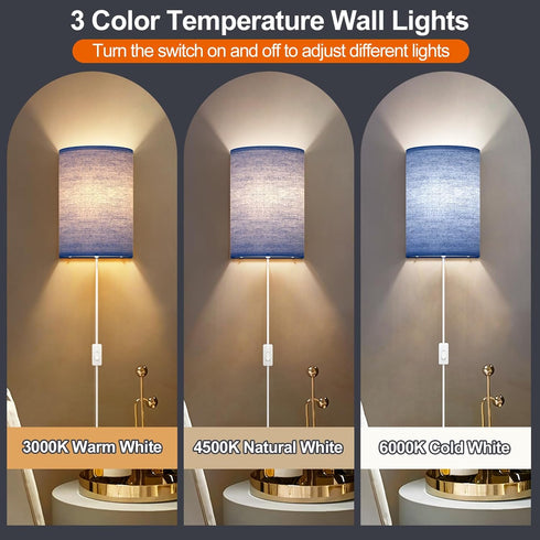 Set Plug in Wall Sconces of Two: Wall Lights with On/Off Switch - Stepless Color Temperature Wall Mount Lamps - Fabric