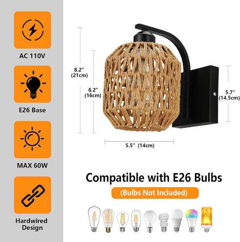 1Pack lobolighting Boho Rattan Wall Sconces Hardwired Hand-Woven Farmhouse Wall Lamps Indoor Rustic Wall Mount Light