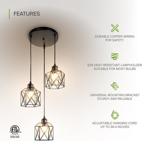 3xE26 120V ASD Black Pendant Light Fixture - ETL Modern Pendant Lights Kitchen Island, Industrial Hallway, Living Room