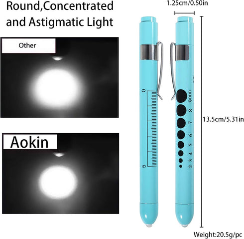 Aokin Medical Pen Light for Nurse Doctor, Reusable LED Flashlight with Pupil Gauge and Ruler, Sky Blue