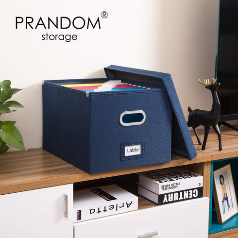PRANDOM File Organizer Box - Collapsible Decorative Linen Filing Storage with Lids, Set of 1, Letter/Legal Size, Navy