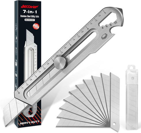 7-In-1 Multipurpose Utility Knife, Stainless Steel Retractable Box Cutter with 10PC SK5 Blades