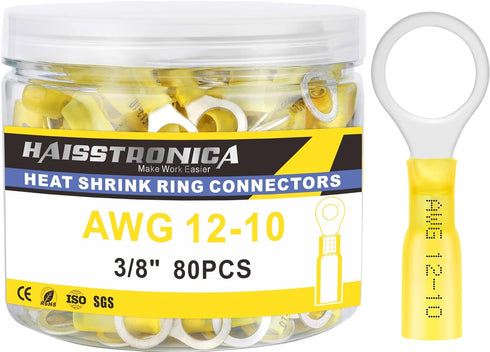 haisstronica 80PCS Heat Shrink Ring Terminals 3/8" Marine Grade Wire Connectors, Yellow AWG 12-10 Gauge