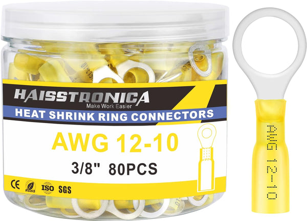 haisstronica 80PCS Heat Shrink Ring Terminals 3/8" Marine Grade Wire Connectors, Yellow AWG 12-10 Gauge