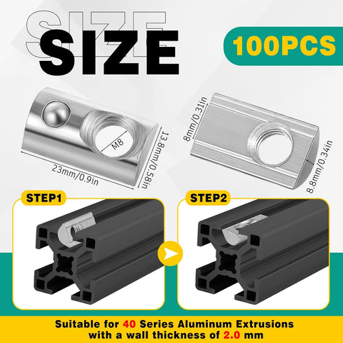 Yaocom 100 4040 M8 Pcs Series T Nuts Half Roll in Spring Silver Thread Spring Carbon Steel European Standard T Nut