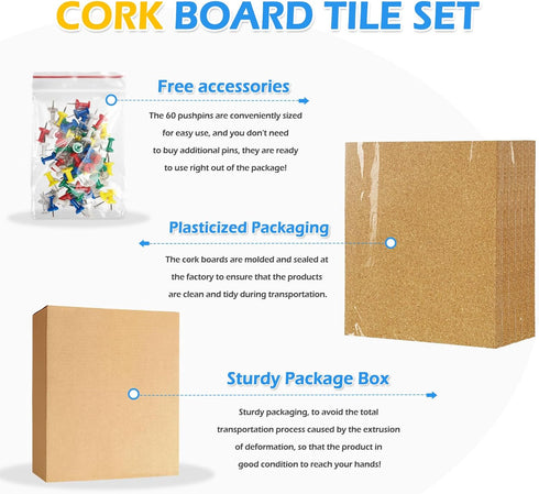 DOLLAR BOSS Cork Board Tiles, 6 Packs 12" x 12" 1/2" Thick Self Adhesive Corkboards with 60 Pushpins