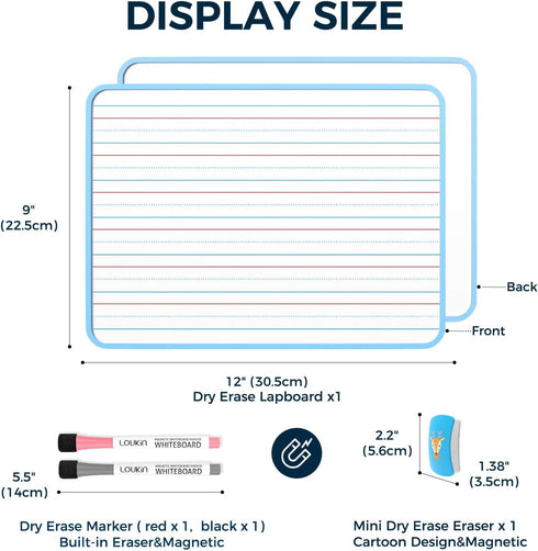 LOUKIN Small Dry Erase Lapboard, 9 x 12 Inch Double Sided (Ruled/Plain), Seamless Frame Design, Mini Magnetic Whiteboard Set, Great for Kids, Classroom and School (1 Eraser&2 Markers Included) by loukin