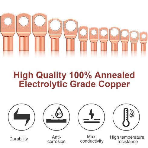 Weewooday Copper Battery Cable Ends 12 Sizes Battery Terminal Connectors Copper Lug Ring Terminal for AWG4-12