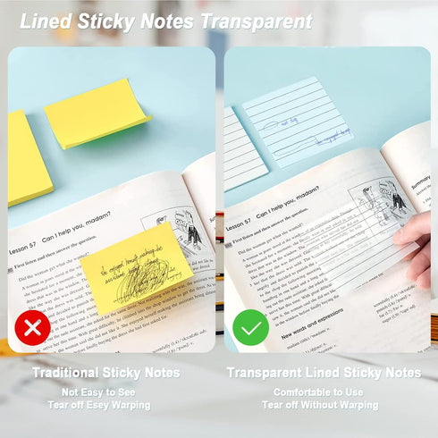 MIUTME Lined Sticky Notes Transparent, 7 Colors Bright Self Sticky Notes, Clear Pad, Waterproof Translucent Memo (3X3