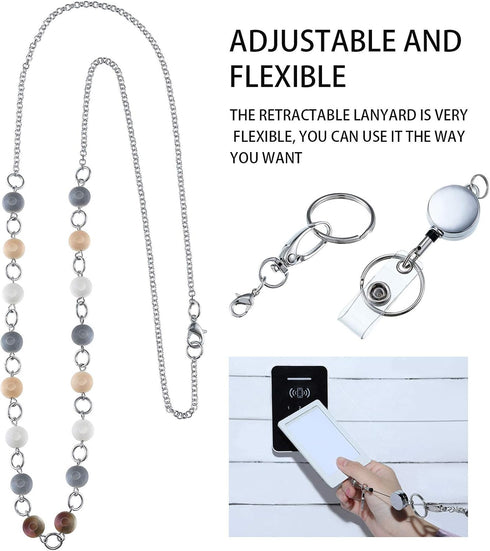 Hicarer 3 Pcs ID Badge Lanyard Necklace with ID Holder Clip, Stainless Steel Beaded Chain, Retractable Reel