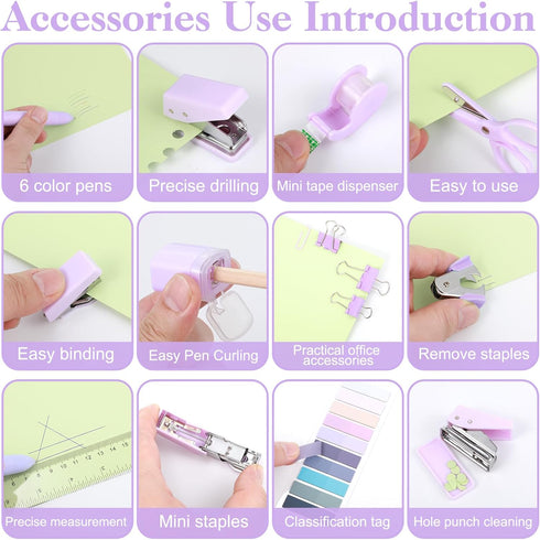 Mini Office Supplies, Purple School Supplies Set with Mini Stapler, Tape Dispenser, Hole Punch, Scissor