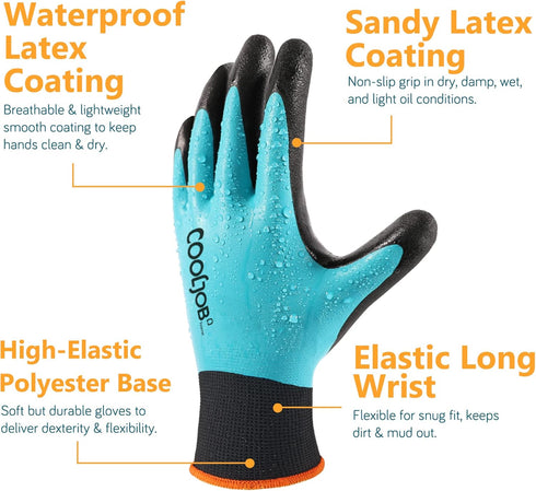 COOLJOB Waterproof Gardening Work Gloves, Non-slip Double Rubber Coated, Unisex Blue, 2 Pairs for Garden Yard
