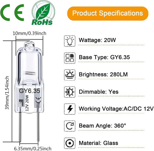 GY6.35 Bulbs 12V 20W T3/T4 GY6.35 Bulbs 12 Pack Bulb 2 Dimmable 2700K 2 GY6.35 Light JC Bi-pin Capsule Crystal Clear