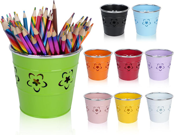 9 Pack Metal Pen Holders, Colorful Desktop Pencil Cups with Flower Pattern,