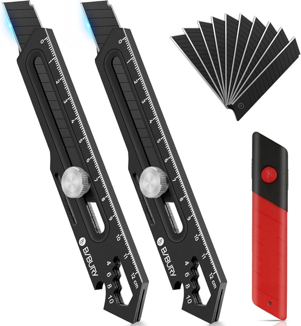 BIBURY 2 Pack Utility Knife, Heavy Duty Full Stainless Steel Retractable Box Cutter with 10PCS Blades