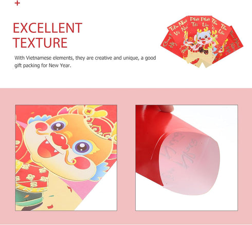 KALLORY 36pcs Vietnamese Red Envelope, Cartoon Red Envelopes for Dragon Year 2024, New Year Money Bag & Pouch
