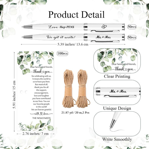 Affrolling 100 Sets Wedding Favors for Guests Bulk Retractable Ballpoint Pen Thank You Cards with Hemp Rope Bridal
