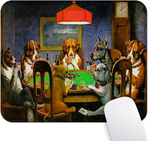 Dogs Playing Poker Oil Painting Art Mouse Pad, Cute Pets Joking Games Print Artwork for Computers Laptop