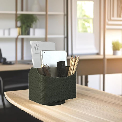 UnionBasic Rotating Desk Organizer, 360 Degree Spinning Caddy for TV Guide, Mail, Media, Remote Holder (Woven Green)