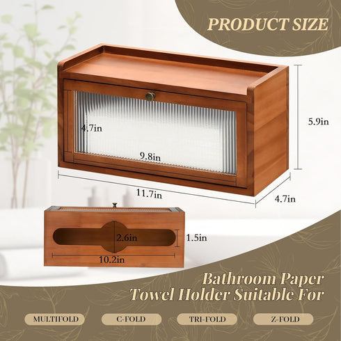 Wall Mount Paper Towel Holder, Wooden Paper Towel Dispenser for C-Fold Z-Fold Trifold Towel, Brown Bathroom Paper Towel