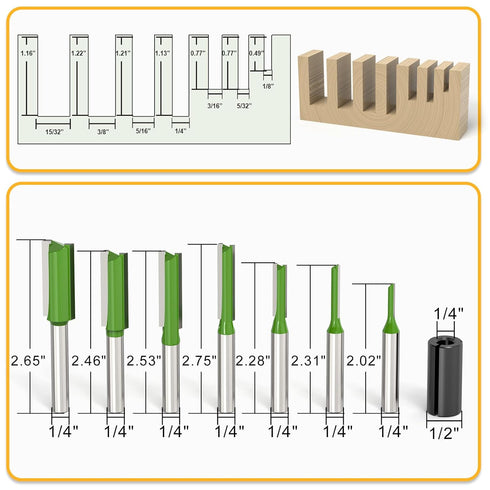 7PCS Set 1/4 Inch Set, 1/8", 5/32", 3/16", 1/4", 5/16", 3/8", 15/32" Straight Cut Router Bits Shank Straight Dado