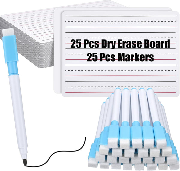 Lined Dry Erase Board Classroom with Markers - 9 x 12" Double Sided Whiteboard for Student Handwriting Practice (25 Pcs)