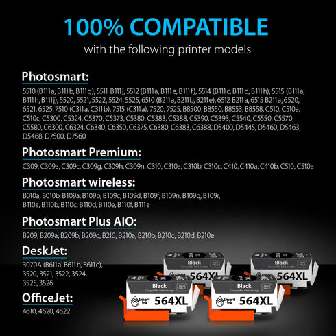 Smart Ink Compatible Ink Cartridge Replacement for HP 564XL, 4 Black Combo Pack for Photosmart 6525 6520 Printers