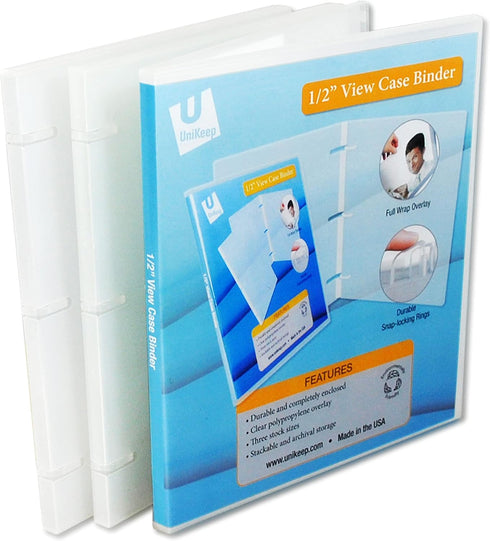 UniKeep 3 Ring View Binder, Fully Enclosed Case in Clear, White, or Black, Various Spine Widths (Pack of 3, 0.5 Inch)