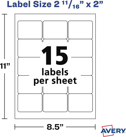 Avery Printable Blank Rectangle Labels, 2-11/16" x 2", Matte White, 375 Customizable Labels