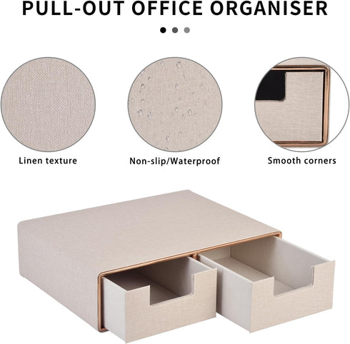 Linen Leather Desk Organizer with Drawers, Mini Stackable Desktop Storage Box for Office Supplies, Toiletries (Beige,