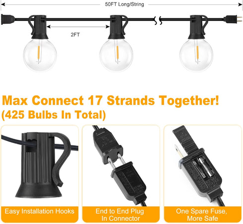 50FT G40 Dimmable 25 Bulbs Commercial Bosceos Outdoor LED Globe String Lights Waterproof Shatterproof Light Strings
