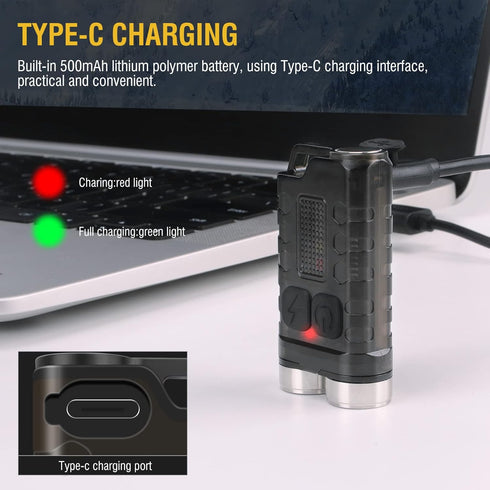 BORUIT V3 Mini EDC Flashlight, 900LM USB-C Rechargeable with Red UV Blue Light, 12 Modes, Waterproof, Black