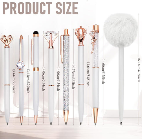 WEMATE 8Pcs Ballpoint Pens Set, Metal Crystal Diamond Glitter Pens for Journaling, White Pen Bling in Black & Blue Ink,