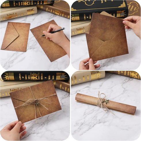 SAVITA 30 Pcs Antique Envelopes and Paper Set, 6.4x4.5inch with 6pcs Hemp Ropes and Decorative Charms for Writing
