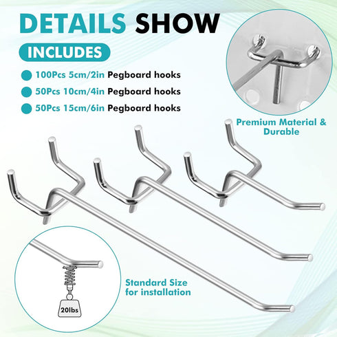 200 Pieces Pegboard Hooks - Stainless Steel Display Peg Hooks for Garage Home Wall Tool Storage Organizer