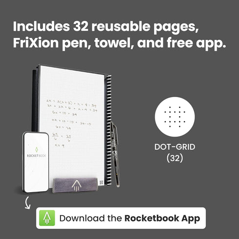 Rocketbook Core Reusable Spiral Notebook, Letter Size 8.5x11, Gray - Dotted Pages, App-Connected, Erasable