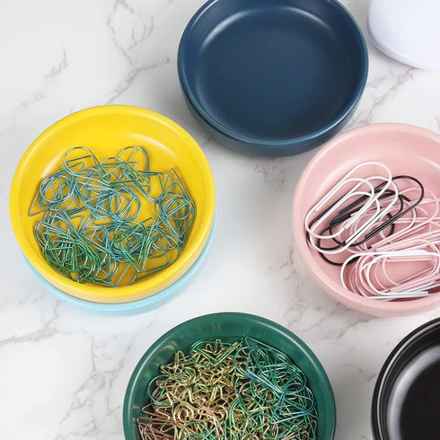 Small Ceramic Paperclip Holder for Desk, Round Push Pin Organizer, Macaron Dark Green Storage Plate