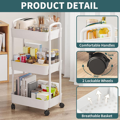 EZ COZY 3 Tier Rolling Cart, Plastic Diaper Organizer with Wheels for Baby Nursery, Kitchen, Bathroom, Living Room,