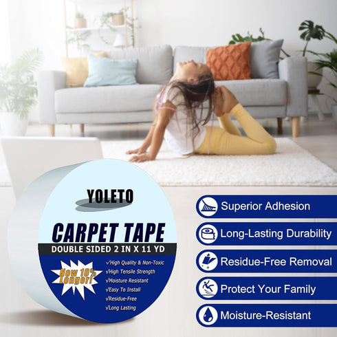 Double Sided Carpet Tape Heavy Duty, Anti Slip Rug Secure Tape for Carpet Edges, 2 Inch x 11 Yards