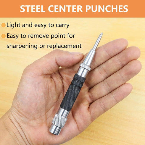 2-Piece Automatic Center Punch, 5 inch Spring Loaded Center Hole Punch Tool for Metal Wood Glass Plastic.