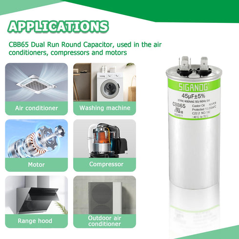 45 MFD 45 uF 370 or 450 Volt CBB65 Capacitor for AC Motor Run, Heat Pump, Air Conditioner, HVAC Capacitor