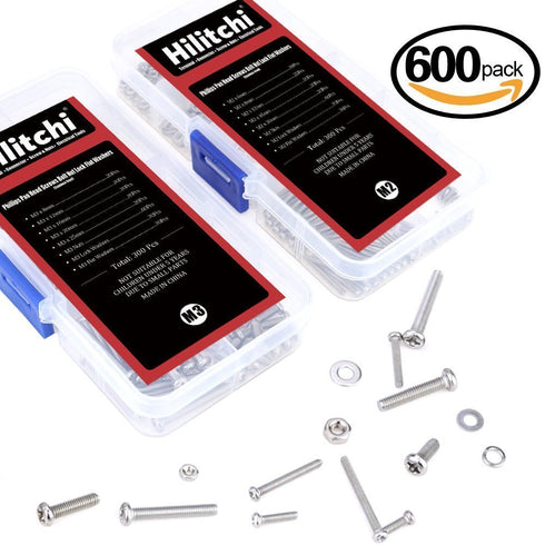 Hilitchi 600-Piece M2 M3 Phillips Pan Head Screws, Bolt Nut Lock Flat Washers Assortment Kit, 304 Stainless Steel