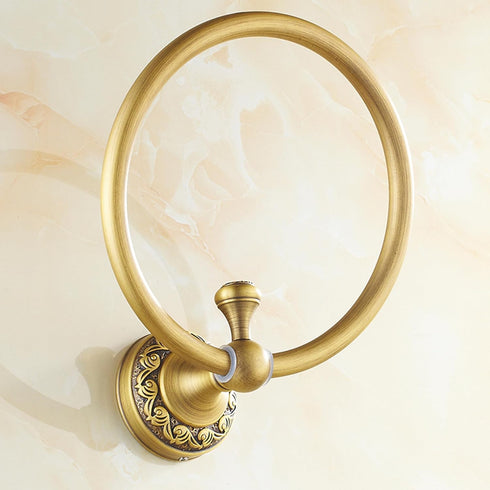 Antique Brass Towel Ring Hanger, Hand Towel Holder for Bathroom Kitchen Accessories, Wall Mounted Pattern Carving Design