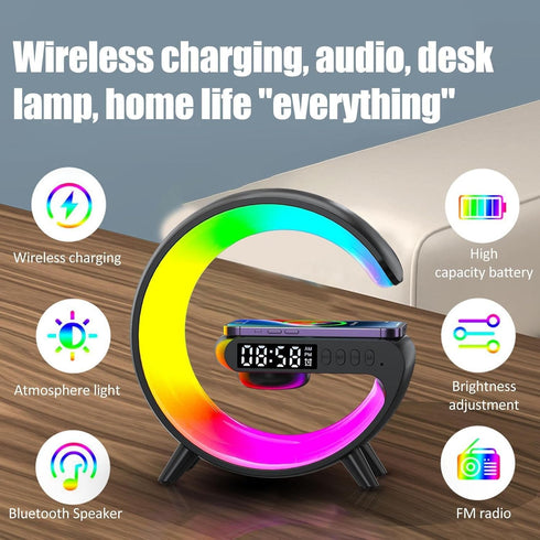 15W LED Wireless Charger Lamp with Bluetooth Speaker, Intelligent Color Changing Table Lamp, Fast Charging, Alarm