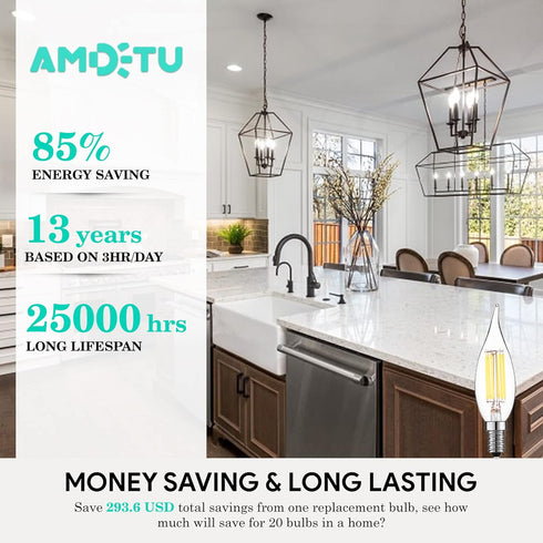 AMDTU 4000k Dimmable LED Chandelier Light Bulbs, 6 Pack, E12 Daylight White, 6W 60Watt Equivalent for Kitchen, Dining