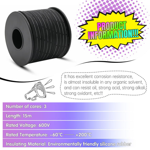 30AWG Electrical Wire Cable, 49.2FT 3 Conductors Black Cable Stranded Tinned Copper Wire